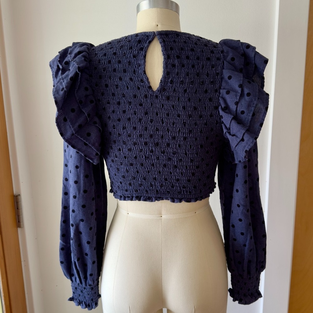 ZARA Polka Dot Smocked Ruffle Crop Top-Long Balloon Sleeve-Boho Festival-Blue - Picture 4 of 16